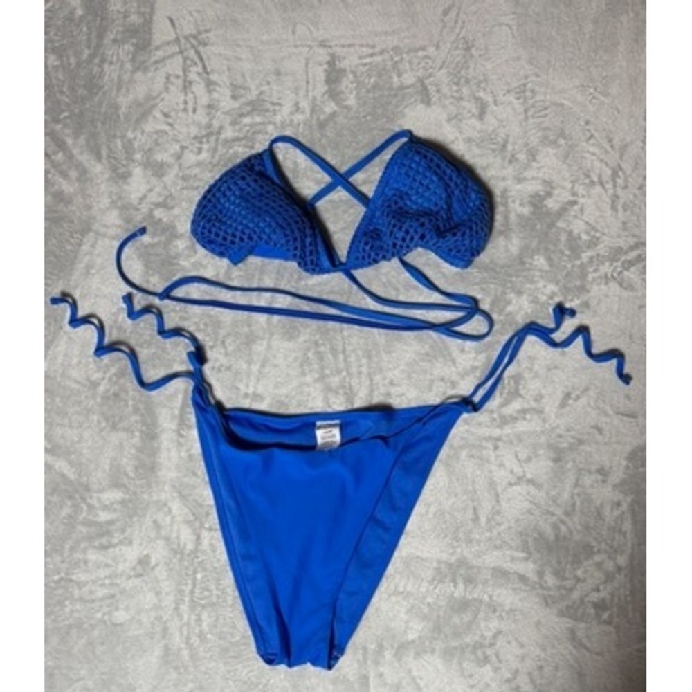 No Boundaries Bikini Set Royal Blue Crochet Triangle XXL Top High Cut Bottom L